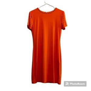 Michael Kors Womens Orange Gold Studded Short Sleeve Mini Dress Size Small